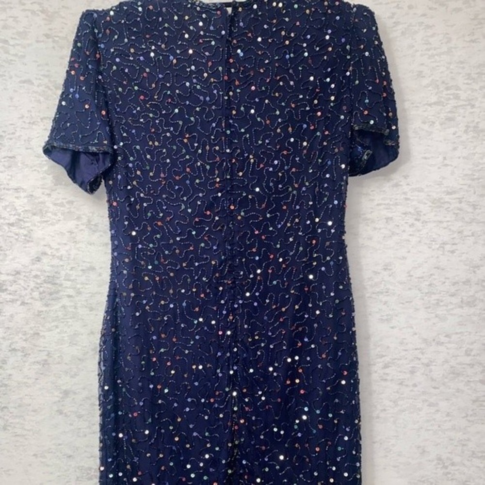 NWT Laurence Kazar Pure Silk Sequin Royal Navy Blue Cocktail Evening Dress SZ M - Picture 9 of 12
